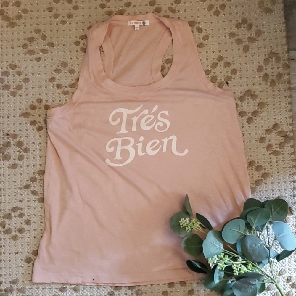 Anthro Sundry Tres Bien Graphic Tank Top Sz 0 XS EUC